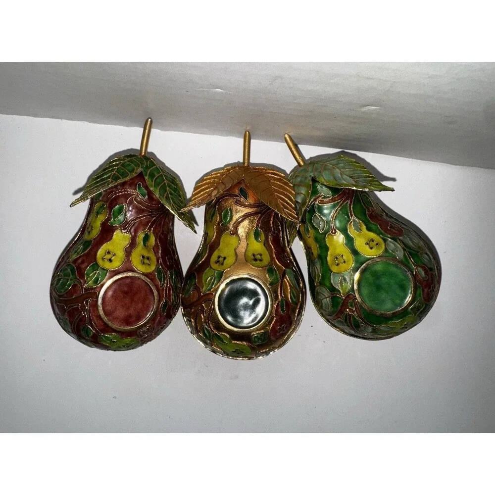 Vintage Cloisonné Pear Trinket Boxes Set of 3 Brass Enamel Lift-Off Lids